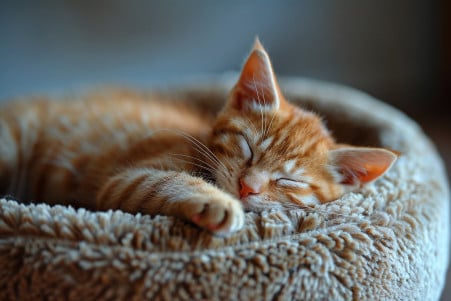 An orange tabby kitten curled up and sleeping soundly in a soft cat bed