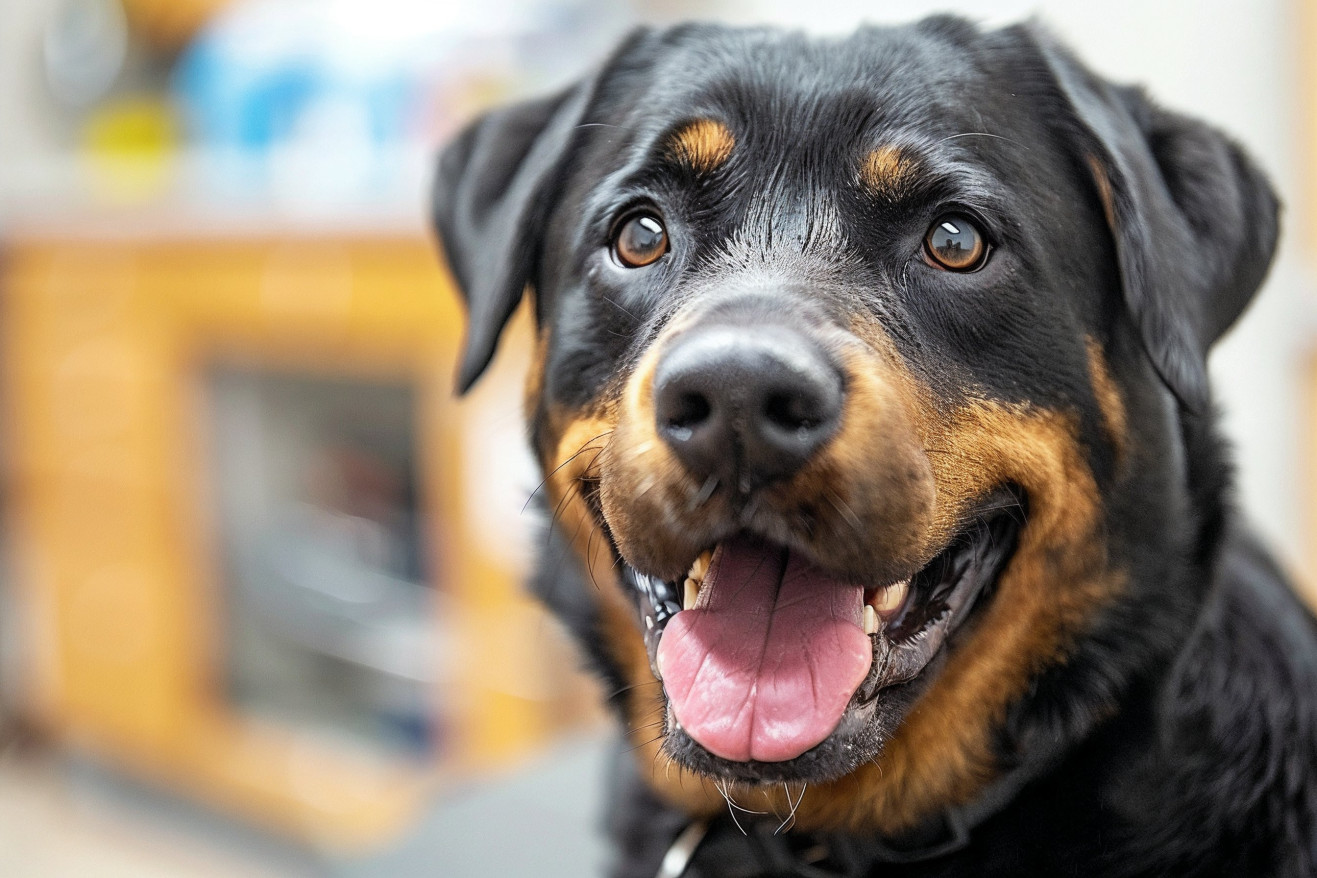 Rottweiler with dark, discolored gums sitting on a veterinary examination table