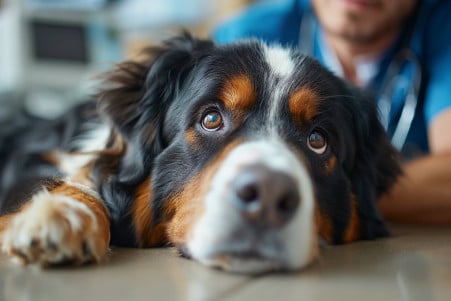Worried owner closely examining a stool sample of a Bernese Mountain Dog in a veterinary clinic setting