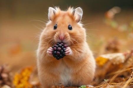 Cute golden hamster standing on hind legs, holding a blackberry, in a naturally lit home setting
