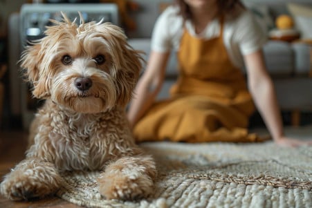 A frustrated homeowner scrubbing a damp spot on their beige living room carpet, with a shaggy Goldendoodle watching nearby with a remorseful expression