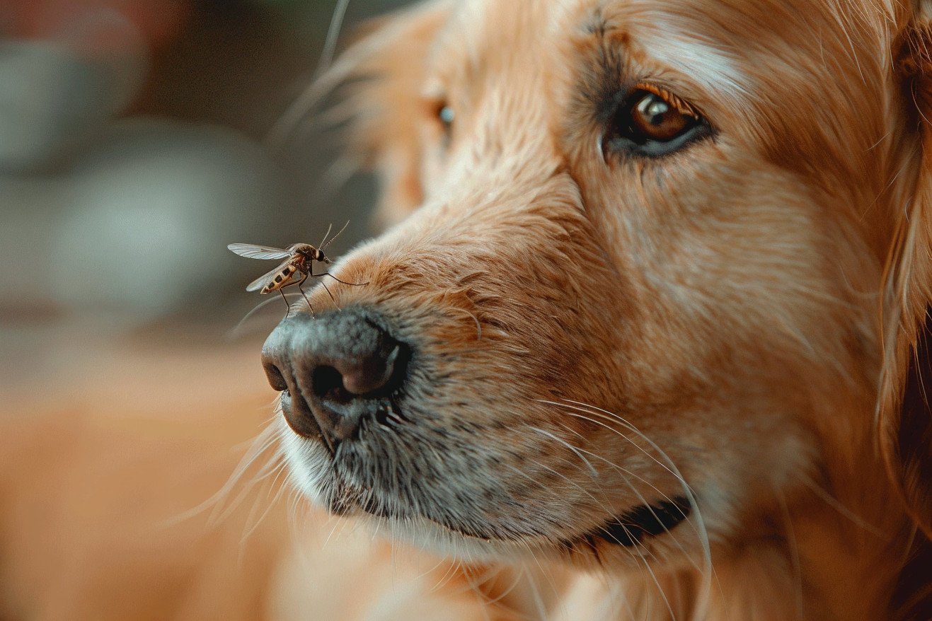 Close-up of a Golden Retriever with its head tilted, examining a mosquito that has landed on its nose