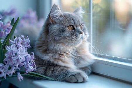 Plush, pale grey Persian cat resting on a windowsill, with vibrant purple hyacinth flowers in the background
