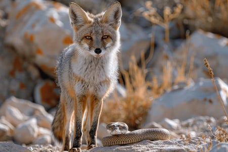 Grey fox with a black-tipped tail cautiously approaching a coiled snake in a rocky, desert environment