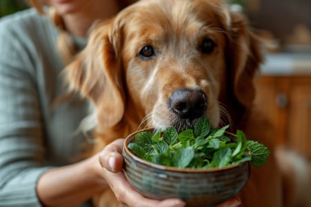 Golden Retriever sniffing at a bowl of fresh peppermint leaves, with owner holding the bowl away