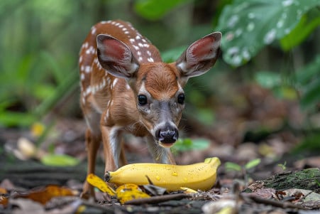 White-tailed deer looking curiously at a ripe yellow banana on the ground in a natural outdoor setting