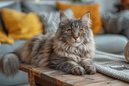 Maine Coon cat with a thick, grey coat standing on a wooden coffee table as the owner places aluminum foil to discourage the cat from jumping up