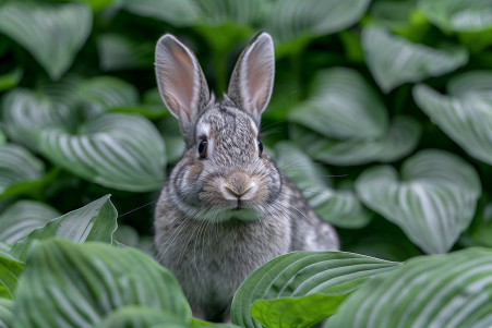 Grey and white rabbit with floppy ears nibbling on green hosta leaves in a garden