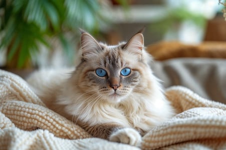 Serene long-haired Ragdoll cat with blue eyes purring and kneading on a plush blanket