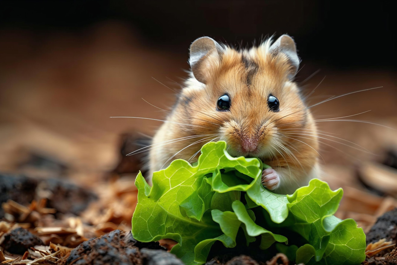 A golden brown Syrian hamster curiously nibbling on a large green leaf of romaine lettuce in a clean glass habitat