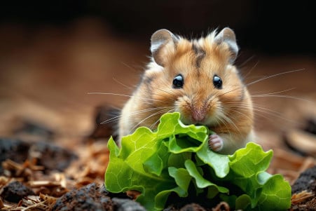 A golden brown Syrian hamster curiously nibbling on a large green leaf of romaine lettuce in a clean glass habitat