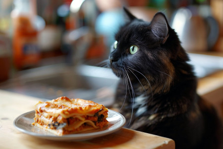 Black cat with green eyes looking at a slice of lasagna on a kitchen counter