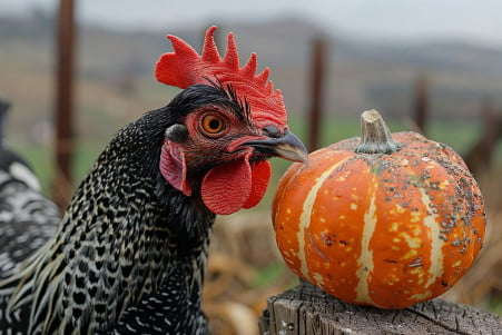 Black and white chicken pecking at a large orange pumpkin in a rustic farm setting