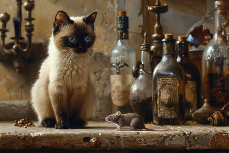 A Siamese cat with piercing blue eyes intently watching a small grey mouse on a kitchen counter