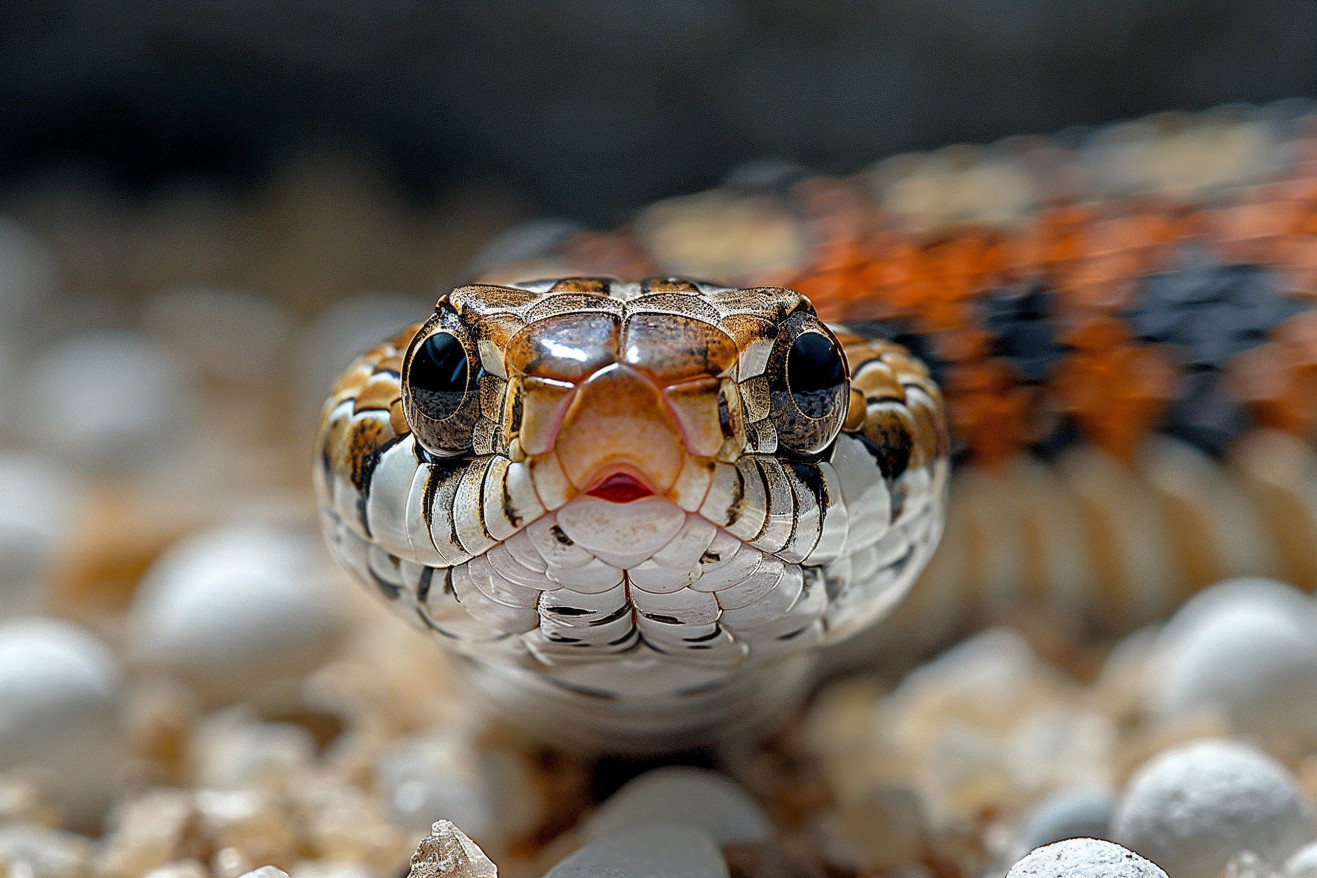 Closeup of a garter snake slithering away from a scattering of white mothballs on a dirt floor