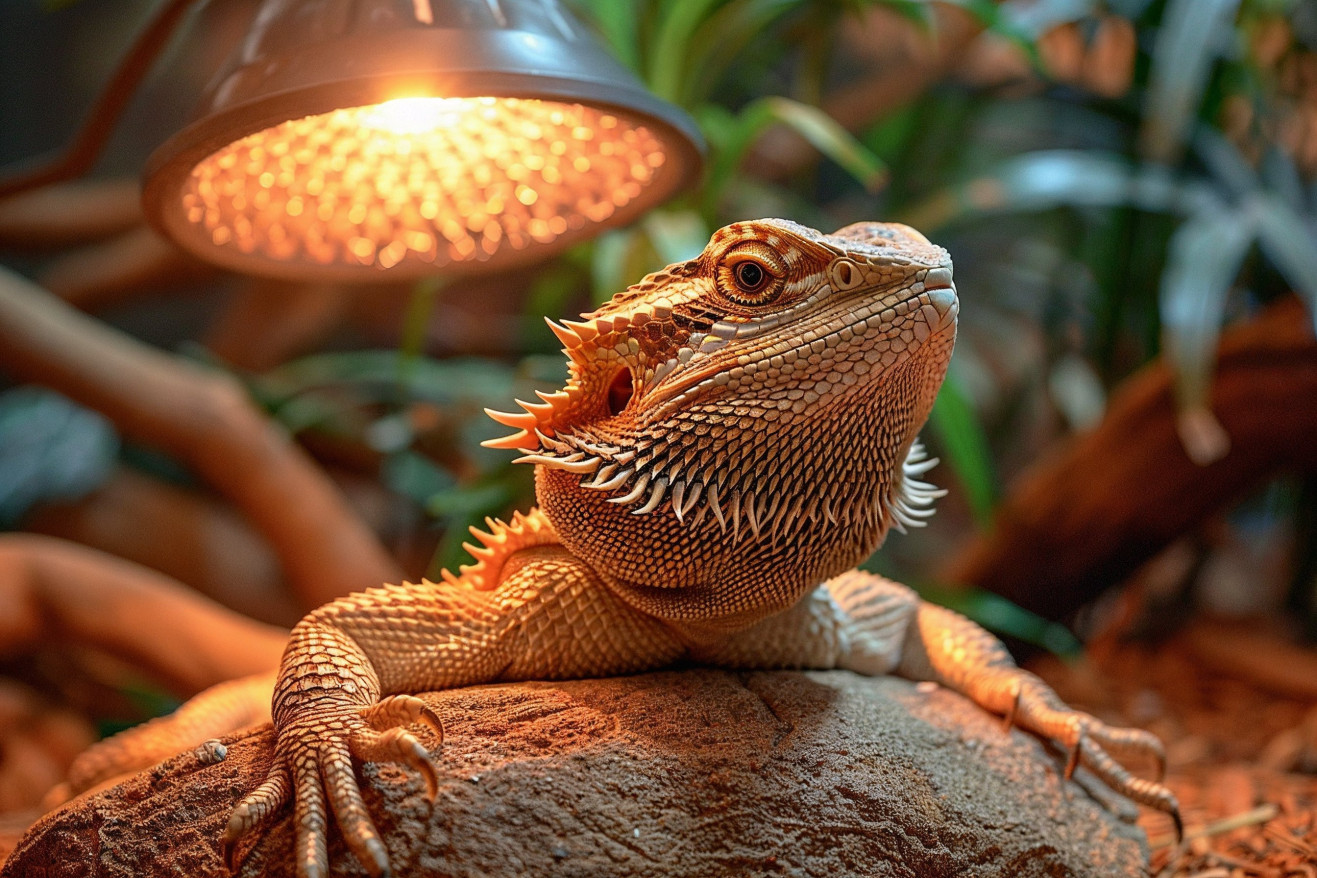 Bearded dragon basking under a heat lamp in a naturalistic terrarium setup