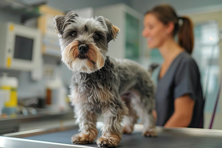 Curious Miniature Schnauzer standing on an X-ray table as the vet positions the machine, with the owner nearby