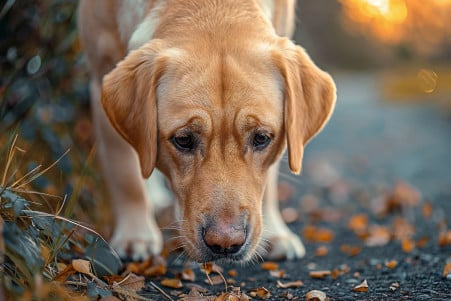 Labrador Retriever with yellow coat closely examining the ground, searching for invisible scents in a park-like setting