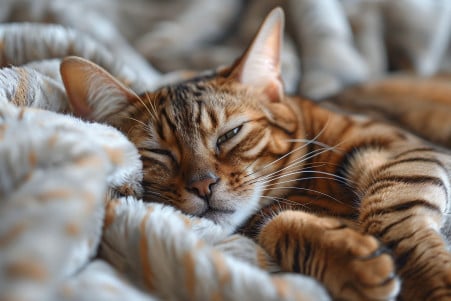 Bengal cat with a vibrant, spotted coat lounging on a soft, beige blanket
