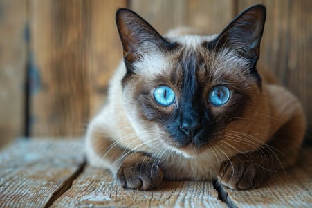 Siamese cat with striking blue eyes and a soft cream and brown coat grooming itself on a wooden table