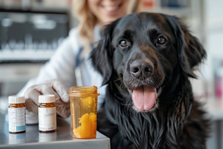 Veterinarian holding a stool sample from a Flat-Coated Retriever with a glossy black coat