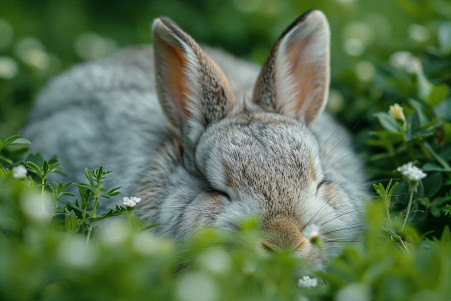 Close-up of a fluffy gray and white rabbit resting with its eyes partially open in a grassy meadow