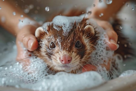 Ferret owner gently bathing a reddish-brown ferret in a sink, with soap suds covering the animal
