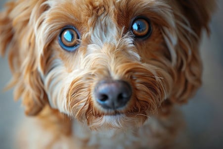 Closeup portrait of a Labradoodle with large, dark dilated pupils in a domestic indoor setting