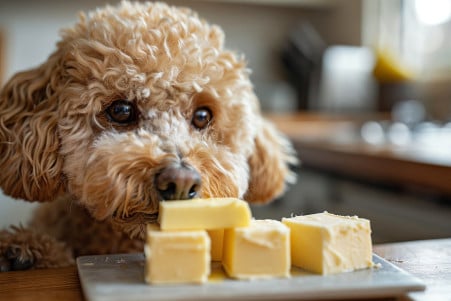 Curious Poodle dog sniffing at a stick of butter on a kitchen counter