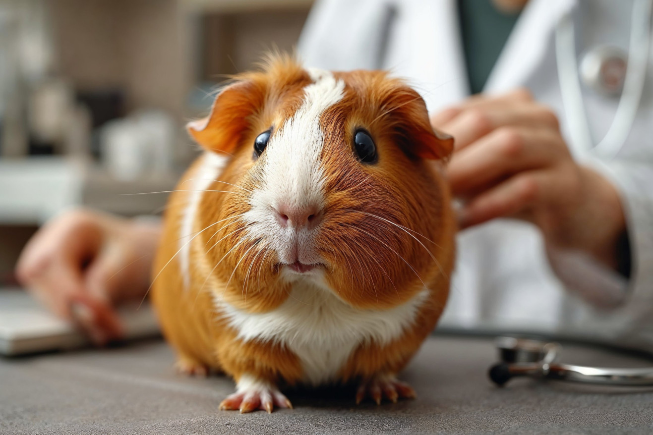 American Guinea Pig with a glossy coat looking unwell with a stethoscope around its neck in a veterinary clinic