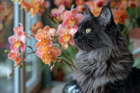 A sleek, black Maine Coon cat sitting in front of a vase of colorful orchid blooms, eyeing the flowers with curiosity