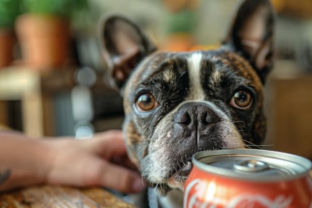 Boston Terrier sniffing a can of soda on a kitchen counter, with the owner's hand reaching to take it away