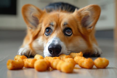 Worried Pembroke Welsh Corgi staring at a pile of tater tots on the floor