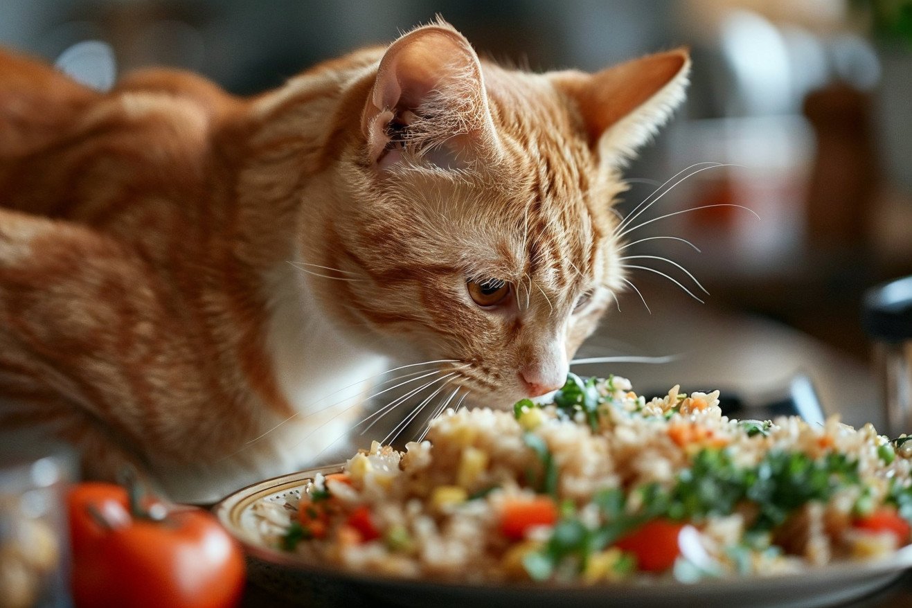 Orange tabby cat cautiously sniffing at a plate of fried rice on a kitchen counter
