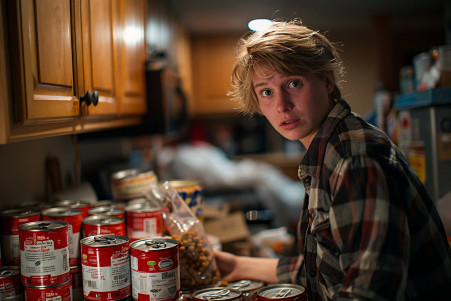 A worried person holding an open can of dog food in a cluttered kitchen, suggesting an emergency situation