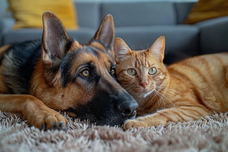 A calm German Shepherd dog observing a curious orange tabby cat sitting together on a plush rug in a cozy living room