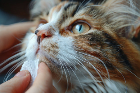 Owner gently applying a damp cloth to the nose of a calico Maine Coon cat to stop a nosebleed