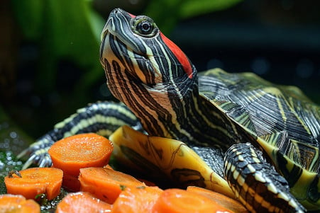 Red-eared slider turtle with vibrant green shell and red ears sitting next to a pile of sliced orange carrots