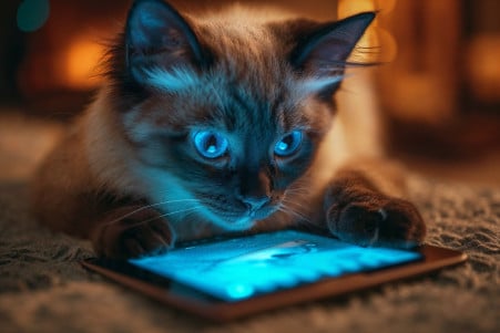 Siamese cat intrigued by a moving fish animation on a tablet screen in dim lighting