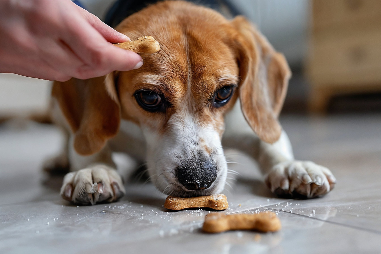 Beagle with tri-color coat sniffing a Milk Bone treat held by an owner's hand