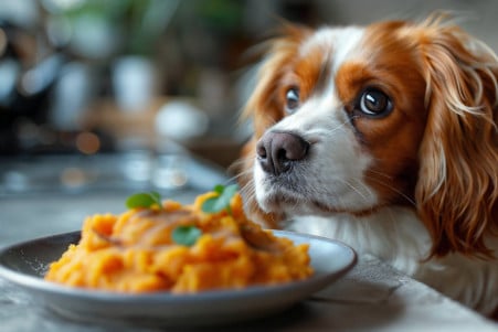 Spaniel dog sniffing a plate of mashed, cinnamon-sprinkled sweet potatoes on a kitchen countertop
