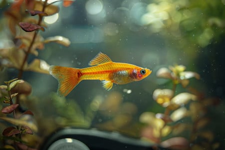 Single yellow male guppy in a glass aquarium with a thermometer showing the water temperature is within the ideal range