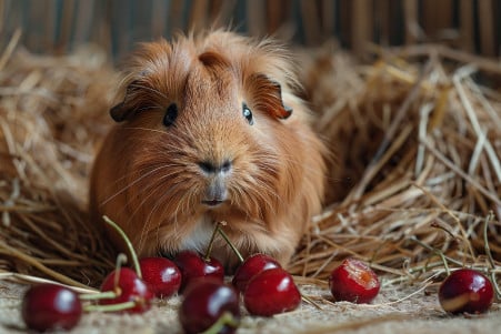 A Peruvian guinea pig with long, silky hair resting on a soft bed of timothy hay, with a few halved cherries scattered nearby