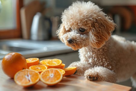 A poodle with a curly, white coat standing on its hind legs, its front paws on a kitchen table as it sniffs at a pile of freshly peeled orange slices