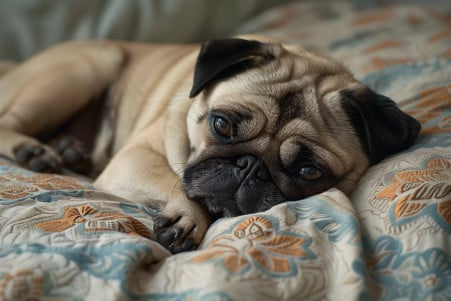 Anxious-looking pug curled up on a bed, compulsively sucking on the corner of a patterned comforter