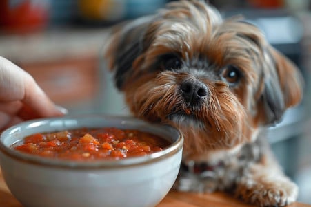 Shih Tzu dog pawing at a bowl of tomato sauce on a kitchen table, with the owner's hand reaching to move the bowl away