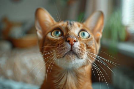 Closeup of an Abyssinian cat with a distinctive ticked coat pattern, mouth slightly open but not making a sound