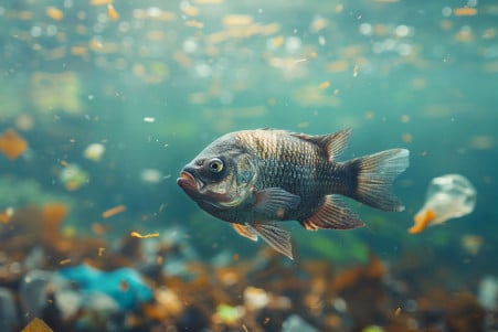 Distressed tilapia swimming among floating plastic waste in a polluted body of water