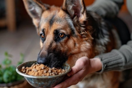 German Shepherd sniffing a bowl of ground cumin spice, with owner's hand gently pulling the bowl away