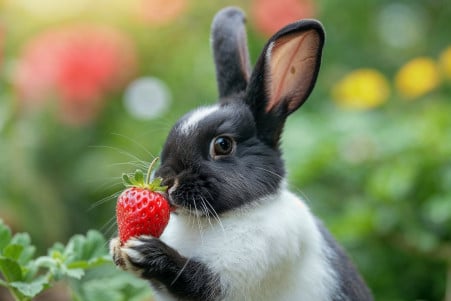 Alert Dutch rabbit with black and white coloring nibbling on a strawberry in a blurred summer garden